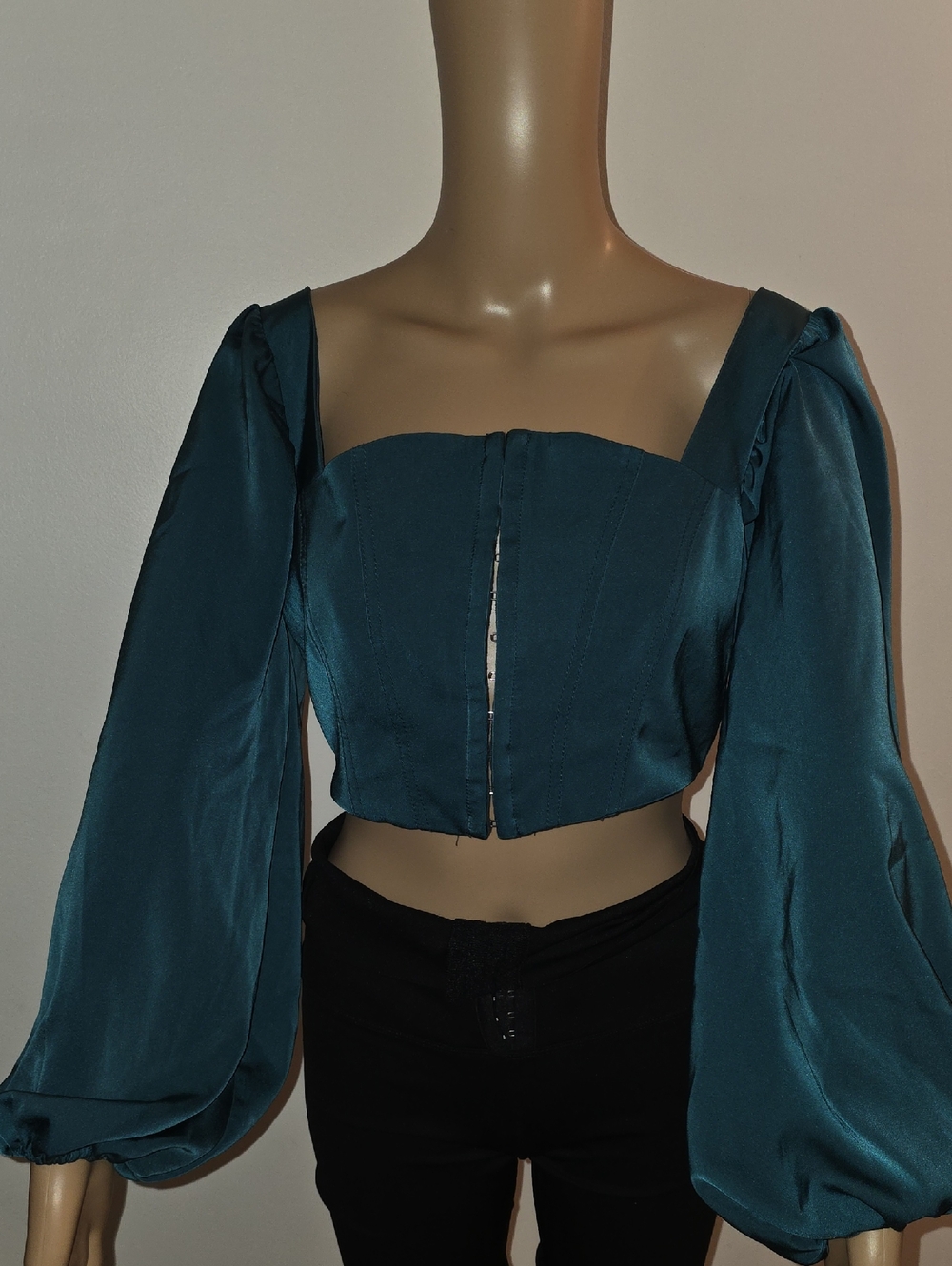 Urban Outfitters Teal Square-Neck Puff Sleeve Crop Top